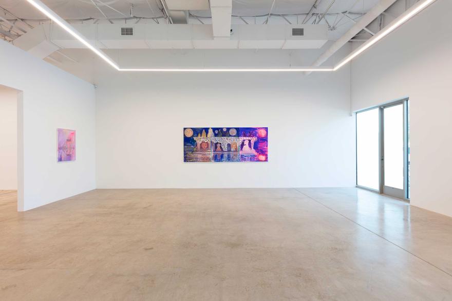 Installation view. "Amy's World", Gallery 12.26, Dallas, 2021. Center:  The Shimmering Palace, 2020-2021. Oil and oil bar on canvas, 48 x 120 in (121.92 x 304.8) cm.