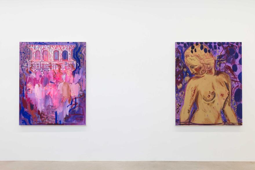 Installation view. "Amy’s World", Gallery 12.26, Dallas, 2021. Left:  Palace with Mitchell's Meadow , 2021. Oil and oil bar on canvas, 60 x 48 in. Right:  Internal Gaze, March 8th , 2017-2019. Oil on canvas, 60 x 48 in (121.9 x 152.4 cm).