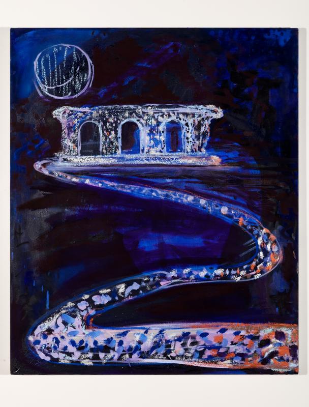 The Shimmering Path (under blue moon) , 2021. Oil and oil bar on canvas, 36 x 30 in (91.44 x 76.2 cm).