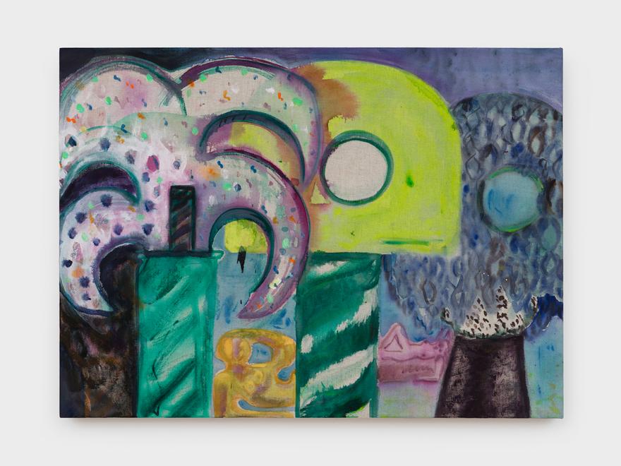 Painting on canvas of three abstracted, stylized trees in foregroud, two sculptures of reclining female figures and a mask on left edge.