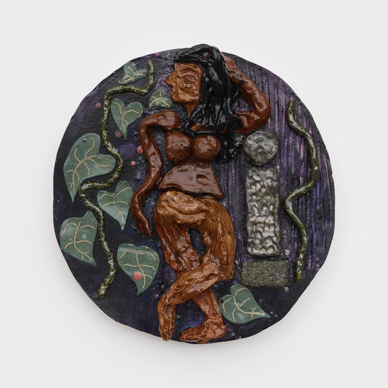 Woman with I Tondo , 2018-2019, glazed ceramic, 24 x 24 x 5 in, 61 x 61 x 12.7 cm.