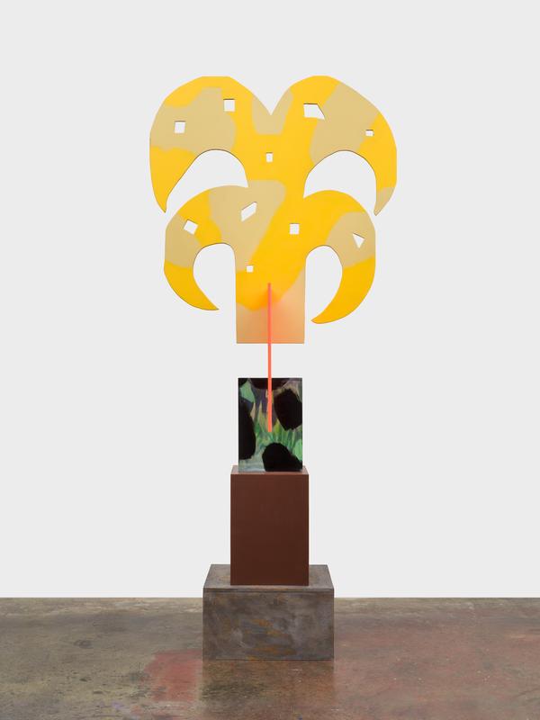 Sunny Side Up / DTLA , 2026. Latex, spray, oil and wood stain on plywood, 102 x 44 x 22 inches