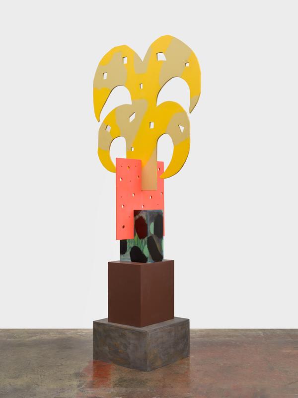 Sunny Side Up / DTLA , 2026. Latex, spray, oil and wood stain on plywood, 102 x 44 x 22 inches