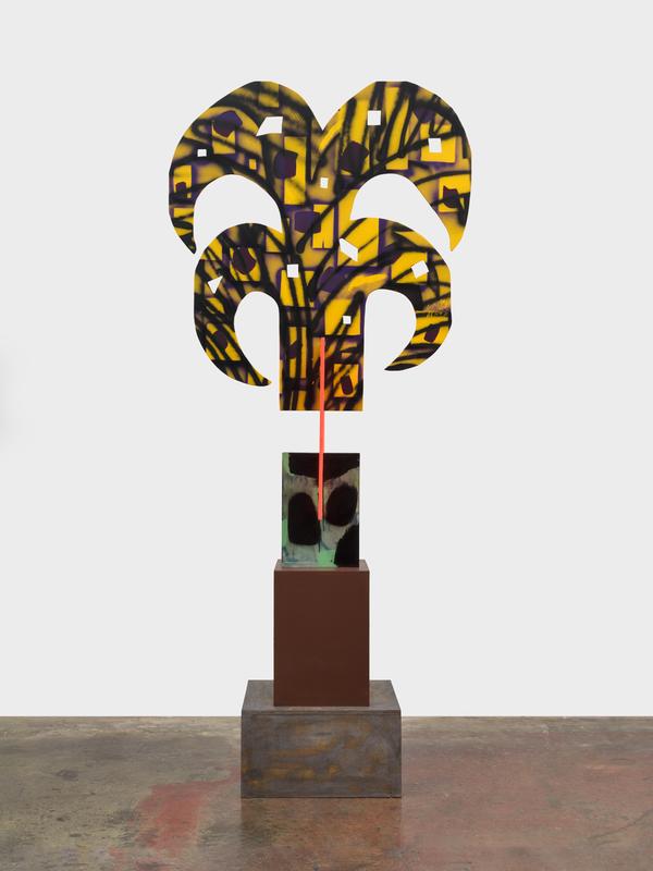 Sunny Side Up / DTLA , 2026. Latex, spray, oil and wood stain on plywood, 102 x 44 x 22 inches