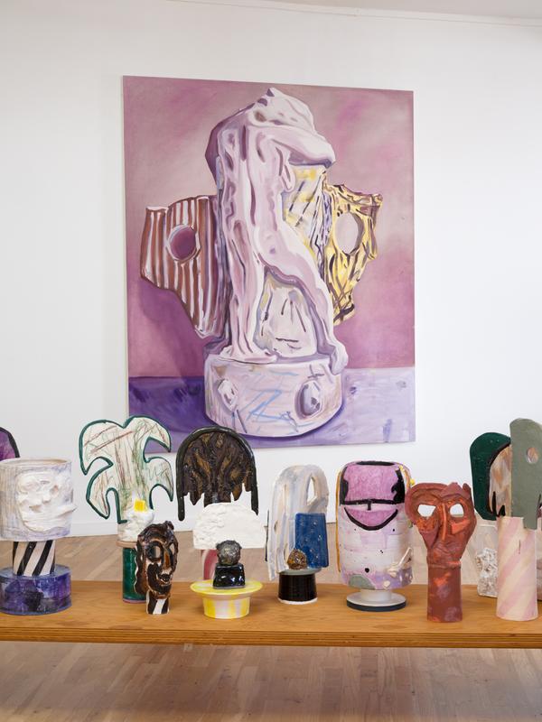View of the studio, 2026 (background: Winged Vessel, Angelica Becomes Nike, For Annie (v.p. No. 6) , 2024. Oil on canvas, 80 x 66 inches). Photo: Jeff McLane.