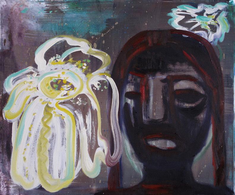 Untitled (Girl head with White Flower) , 1999, oil on canvas, 20 x 24 x 1 in, 50.8 x 61 x 2.5 cm