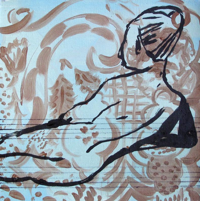 Untitled (Reclining nude on Floral Background) , 1997, oil and marker on canvas, 13.19 x 13.19 x 1.18 in, 33.5 x 33.5 x 3 cm