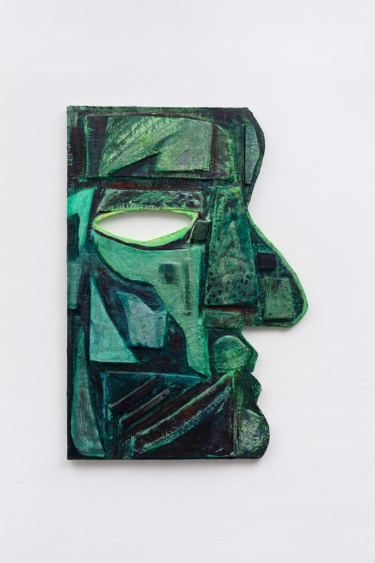 First Face, 2026, Cardboard, Aqua-Resin, acrylic paint, 48 1/2 x 33 x 1 1/2in