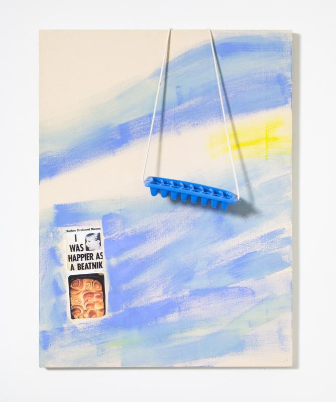 Hannah Beerman , Babum , 2020. Acrylic, gouache, iron-on transfer, ice-cube tray on canvas. 40 x 30 inches.
