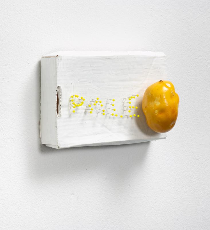 Hannah Beerman , Pale , 2020. Carboard, sewing pins, acrylic, artificial potato. 6 1/4 x  9 1/2 x 4 1/2 inches.