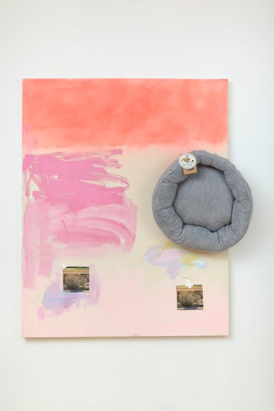 Hannah Beerman ,   Where is Sisyphus when you need him? , 2021. Acrylic, collage, and dog bed on canvas. 60 x 48 inches.
