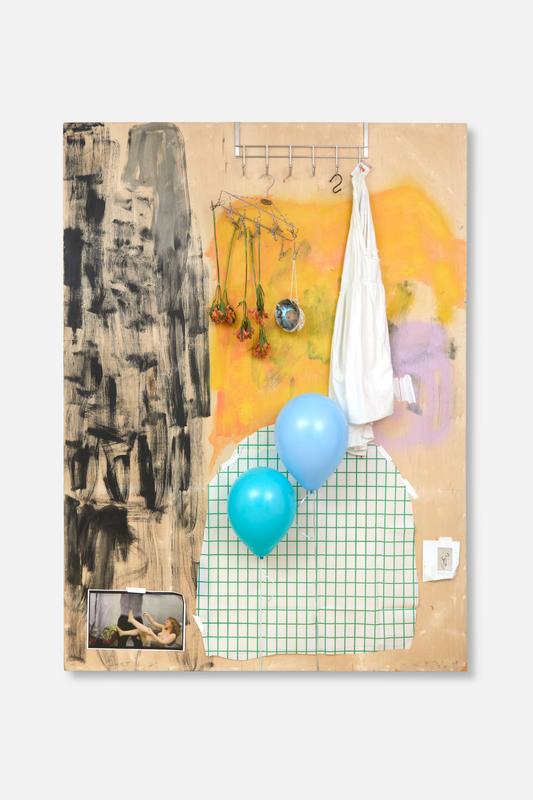 Hannah Beerman , You are my flavor profile , 2021. Acrylic, gouache, metal, flowers, seashell, fabric, photograph, collage, and helium balloons on panel. 78 x 57 1/2 inches.