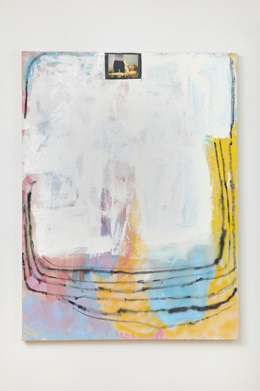 Hannah Beerman ,   painting with still , 2021. Acrylic, latex, gouache, and collage on canvas. 48 x 26 inches.