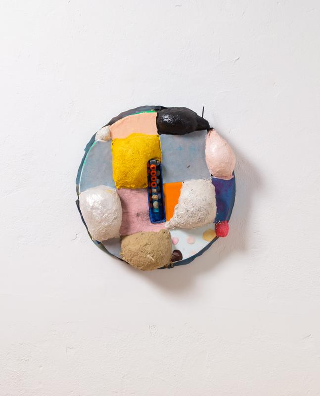 Brian Belott ,   Puff Painting , 2022. Cotton batting, cardboard, acrylic, stones, and found material. 20 x 20 x 6 inches.