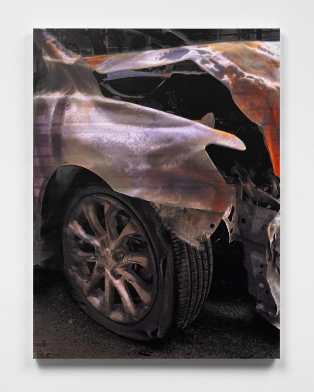 Thomas Blair ,  Crashed Car (Flat) , 2024. Inkjet on canvas. 32 x 24 inches.
