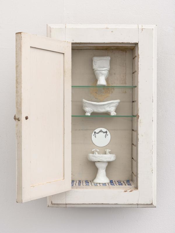 Bette Blank , Bathroom Cabinet,  2019. Polymer clay, high gloss enamel, gouache on paper, in found bathroom cabinet. 27 x 16 1/2 x 5 1/2 inches.