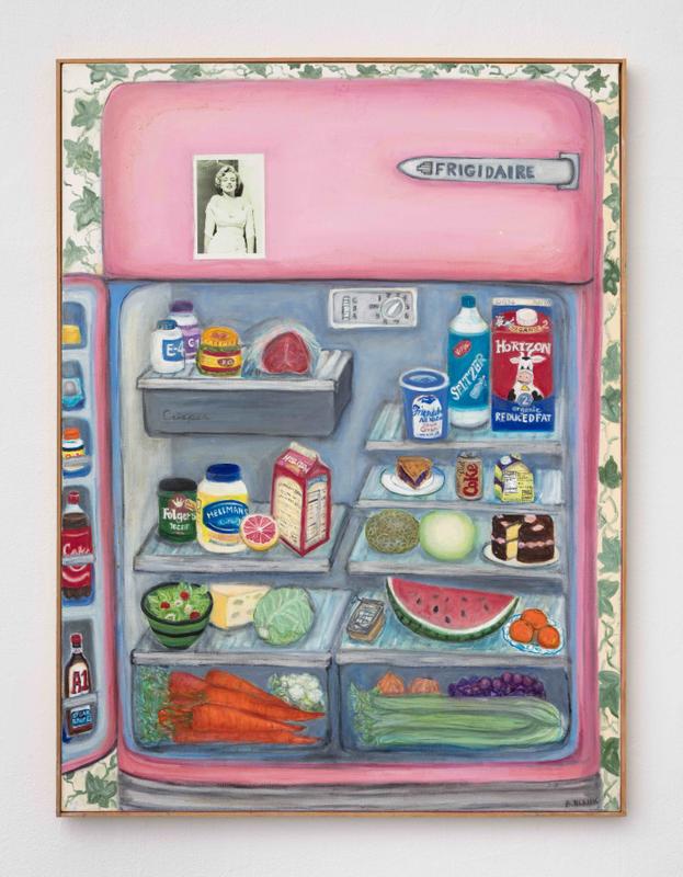 Bette Blank , Marilyn Refrigerator , 2012-2015, Oil and found postcard on linen. 40 x 30 inches.