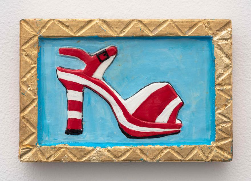 Bette Blank , Shoe Icon , 2017. High gloss enamel, gesso, and gold leaf on wood. 9 x 6 inches.