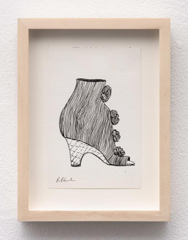 Bette Blank , Striped Boot with Pompoms , 2016. Pen on paper. 6 1/4 x 4 1/4 inches.