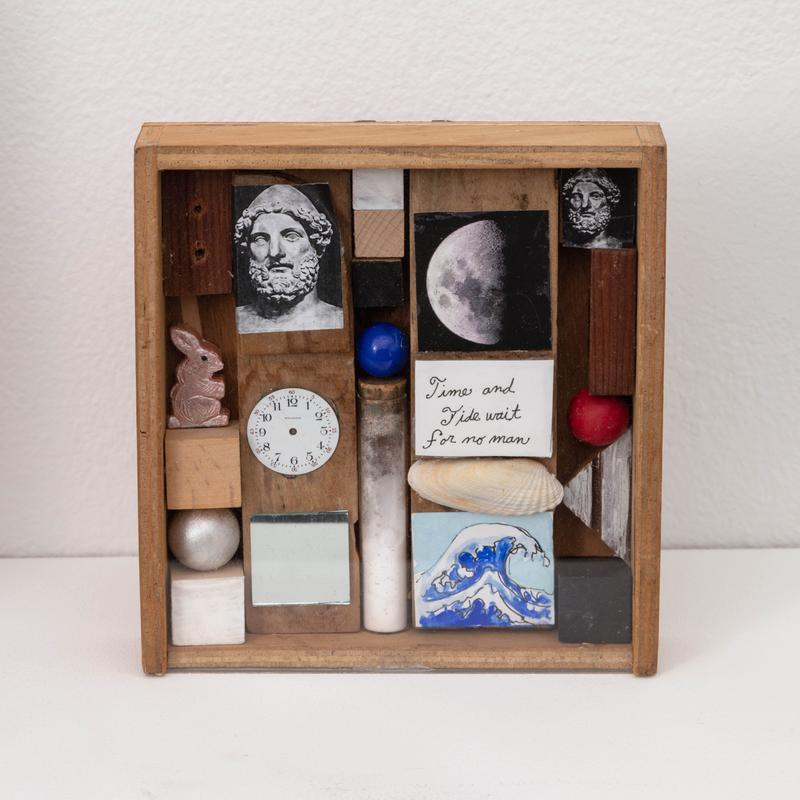 Bette Blank , Time and Tide , 2019. Mixed media in found box. 5 1/4 x 5 1/2 x 1 1/2 inches.