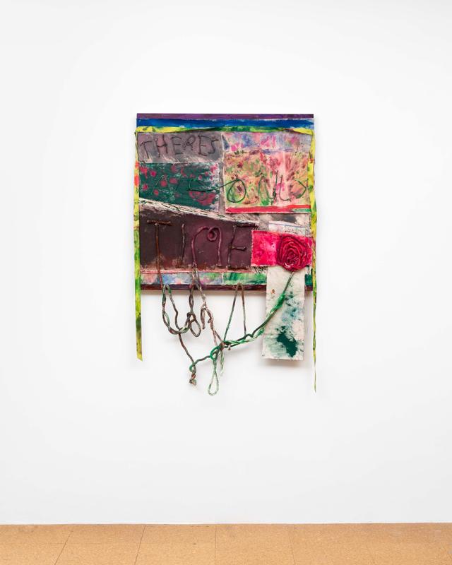 Brianne Garcia ,   fertile ground , 2022. Acrylic, acrylic medium, dye, rope, ribbon, thread, staples, on canvas; mounted on cradled wood panel. 46 x 30 x 1 inches.