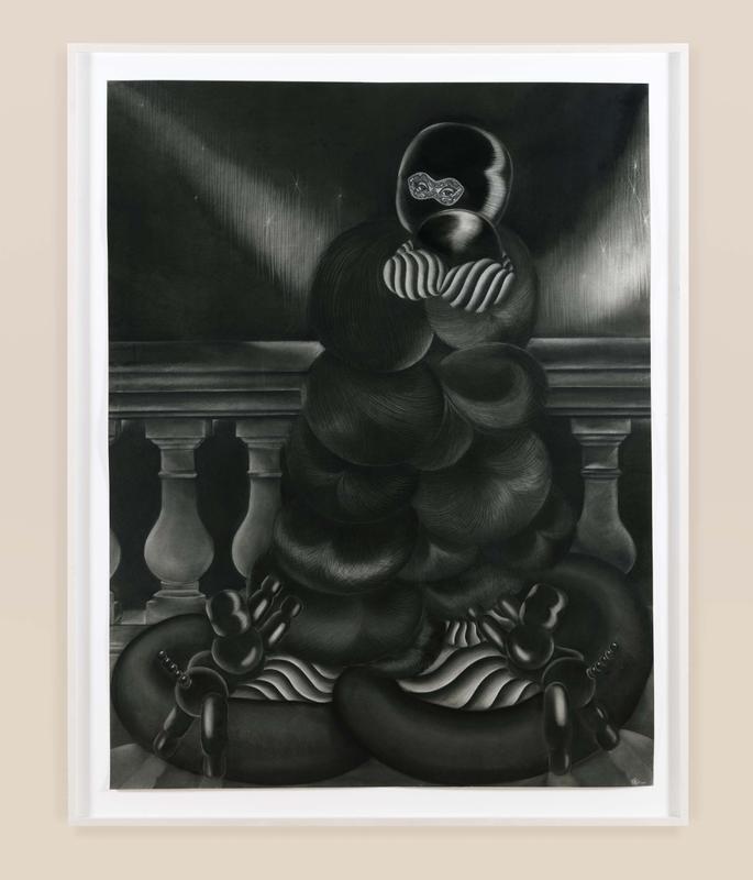 Velvet Other World ,   Calling My Lady to Bed , 2022. Charcoal on paper. 71 1/4 x 55 1/2 inches.