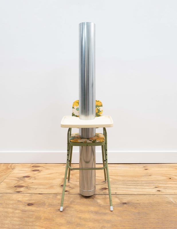 Louis Osmosis ,  Chair with Pipe , 2024. Vintage high chair, steel. 62 x 19 x 17 inches.