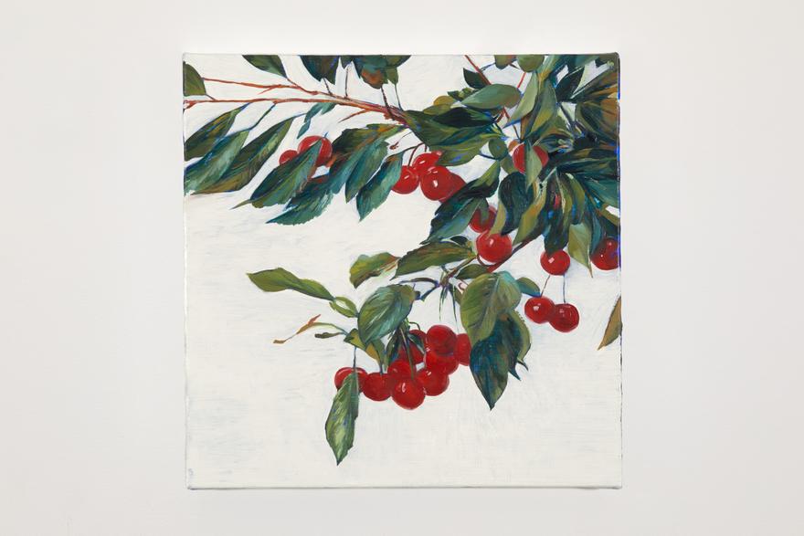 Sam McKinniss , Cherries (After Fantin-Latour) , 2019. Oil over acrylic on canvas. 12 x 12 inches.