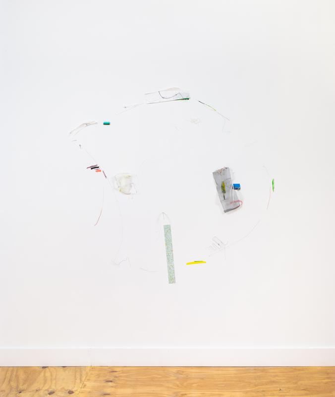 Clare Churchouse ,   canary , 2022. Thread, brads, pins, yarn, tape, wire, photographs, wood, mylar, ink, paper, sponge, wire mesh, gauze fabric, fabric, plastic mesh. 59 x 61 x 3 inches. 