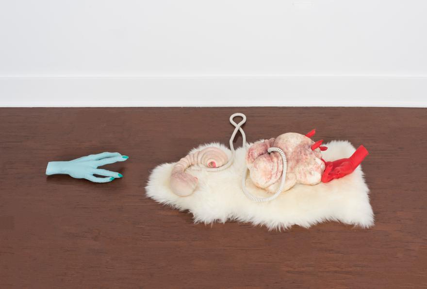 Sophie Cundale , Baby , 2021. Resin, jesmonite, phone chord, and Ikea Rens rug. 30 x 22 x 5 inches (Dimensions variable).