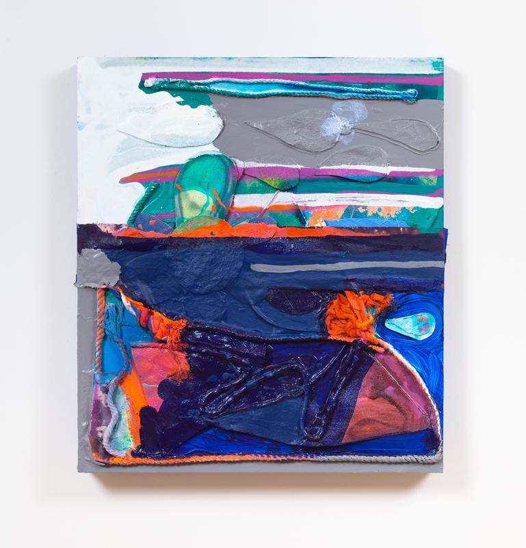Rachel Eulena Williams ,  Flag , 2022. Acrylic, dye, canvas, cotton rope on wood panel. 25 x 20 inches.