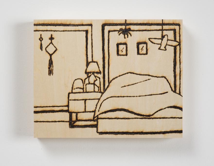 Louis Osmosis ,   Kaila’s Interlude , 2022. Wooden panel pyrographed with magnifying glass and sunlight. 10 x 8 inches.