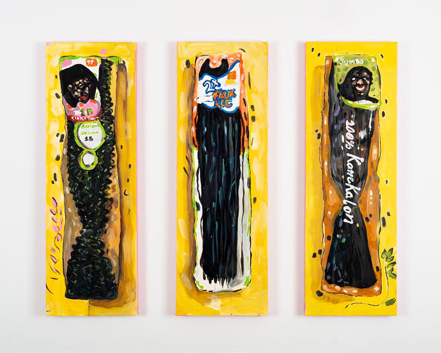 Patricia Renee' Thomas , Buy Two Get One Free , 2020. Oil and acrylic on canvas. Each panel: 36 x 12 inches. 