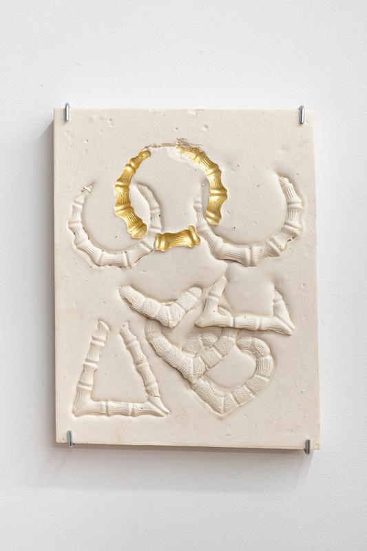 LaKela Brown , Small Composition with Doorknocker Earrings with Gold #2 , 2019. Plaster and Acrylic. 12 x 9 x 2 inches.