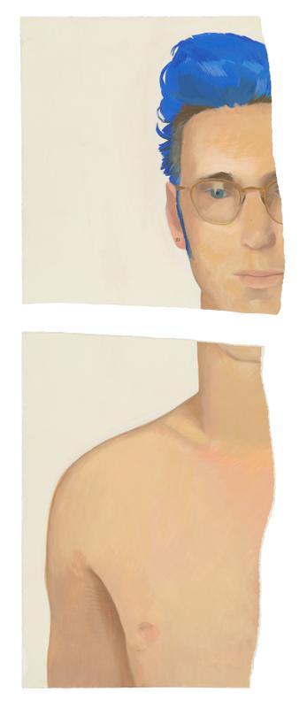 Gilbert Lewis , Untitled (Blue Haired  Portrait) , c. 1980. Gouache on paper. Diptych, Panel 1: 10 1/2 x 9 1/2 inches. Panel 2: 13 1/2 x 9 1/2 inches.