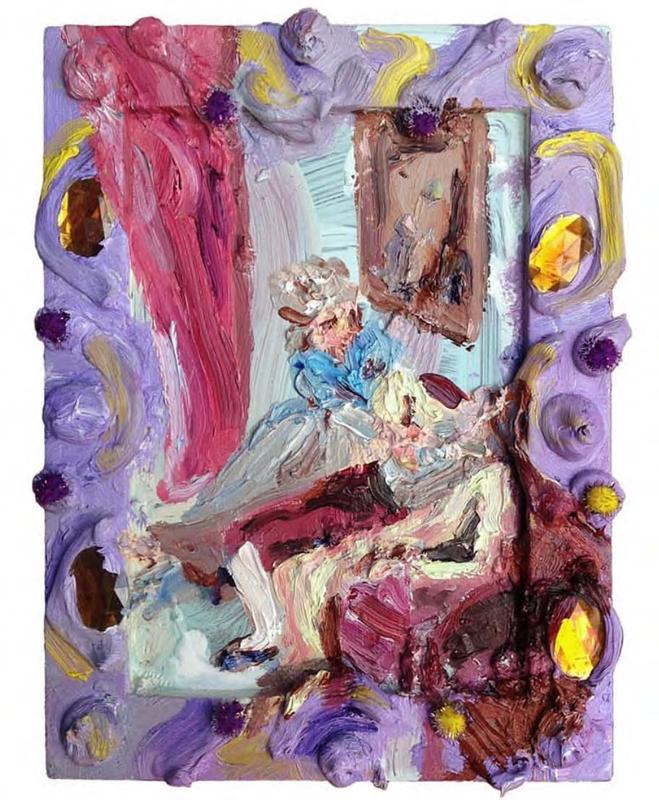Annelie McKenzie , Purple Charlotte , 2017. Mixed media on decorative frame. 8 1/2 x 6 1/2 inches.