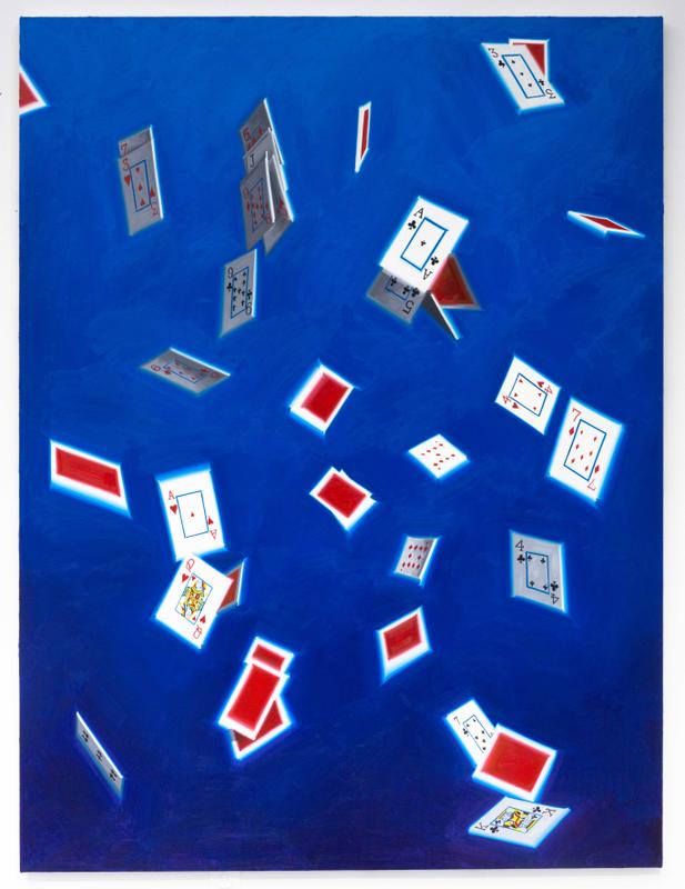 Luke O'Halloran , Cards in the air 07 , 2020. Oil on canvas. 73 x 55 inches.