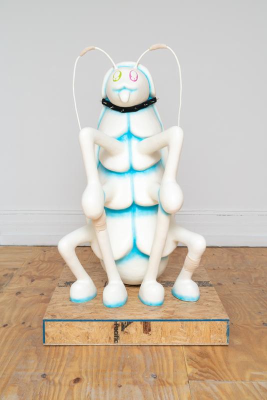 Louis Osmosis ,   Companion (Hachikō) , 2022. Reinforced paper-mache, polystyrene, epoxy clay, acrylic paint, armature wire, MDF, plywood, PVC pipe, acrylic paint, velveteen, studs, adhesive, medical gauze. 40 x 40 x 59 inches.