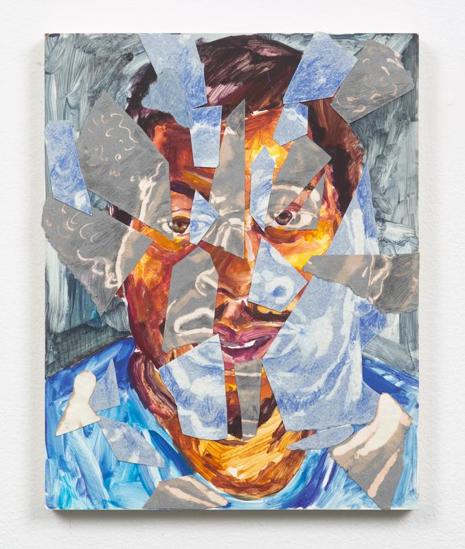 Anthony Peyton Young ,   Like My Father: A complex relationship of 2 Anthonys , 2020. Acrylic, bleach, handmade paper, and color pencil on panel. 14 x 11 inches.