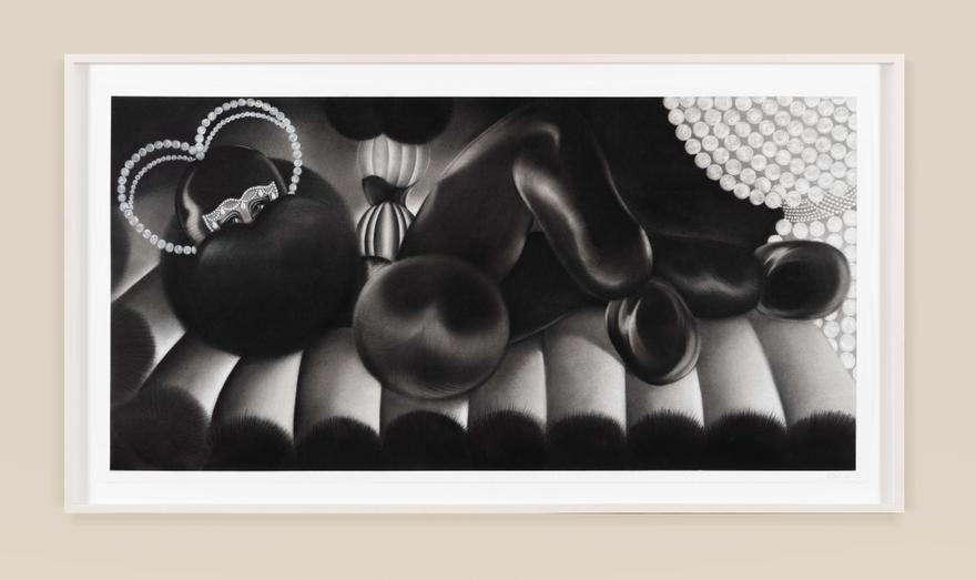 Velvet Other World , Queen's Suit , 2022. Charcoal on paper. 33 x 64 1/2 inches.