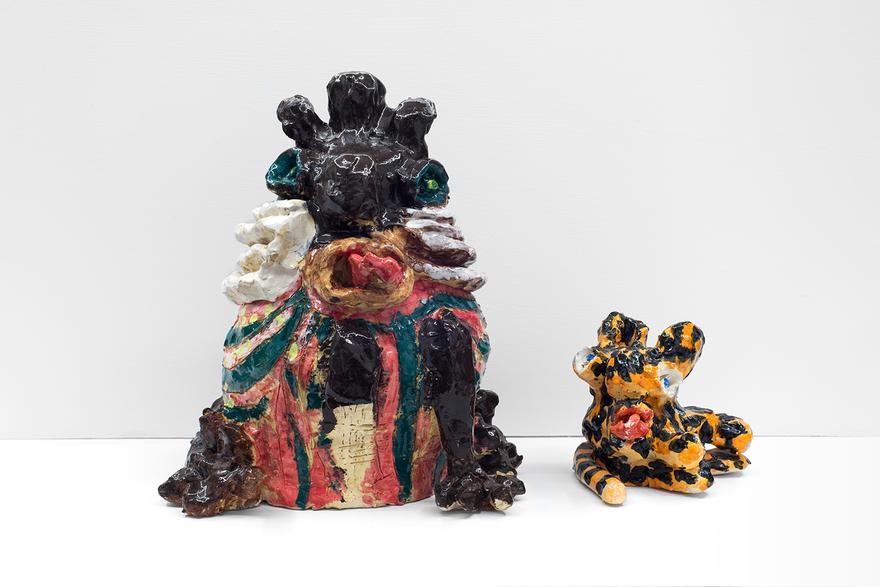 Dorrie Reid , Untitled , 2019. Glazed ceramic. 16 x 10 x 12 inches. & Kitten , 2018. Glazed ceramic. 7 x 7 x 7 inches.
