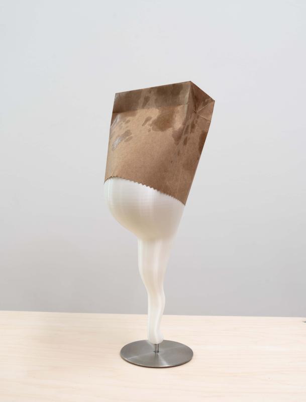 Louis Osmosis , Small Mascot (Butterface) , 2024. 3D-printed plastic, paper, shellac, adhesive. 15 x 6 x 5 inches.