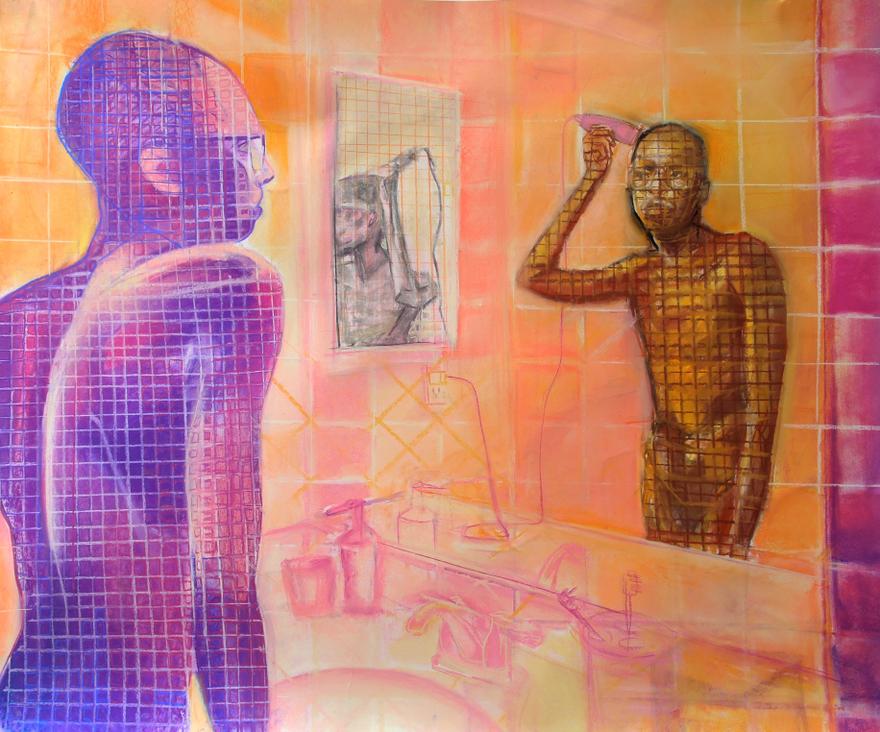 Sydney Vernon ,  Sunset Quarantine Haircut,  2020. Pastel on paper, 35 x 40 inches.