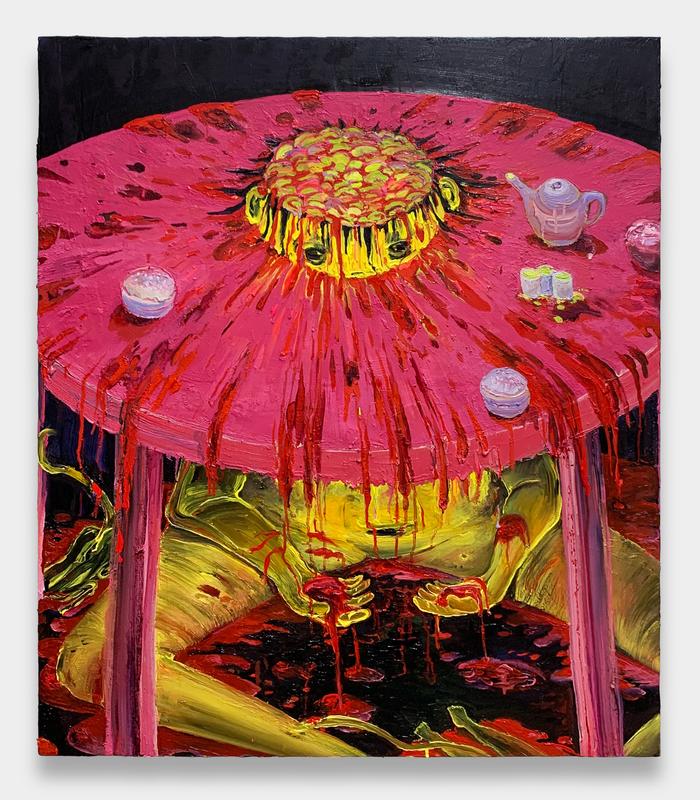Tsai-Ling Tseng,  A Famous Dish / Monkey Brain Table, 2021. Oil on canvas. 45 x 38 inches.