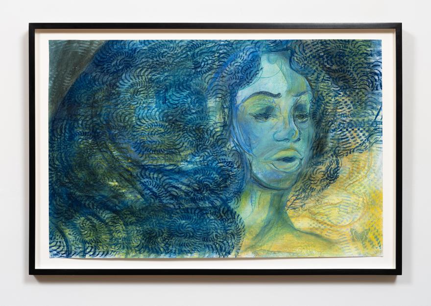 Sydney Vernon ,  Untitled Girl , 2023. Oil pastel and ink on paper. 22 1/2 x 35 inches.