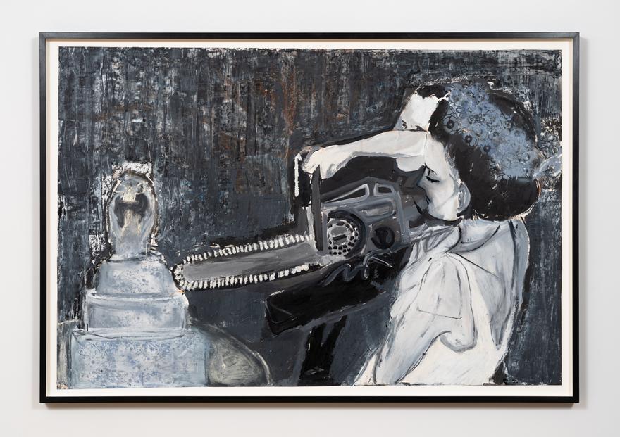 Sydney Vernon ,  Wedding Chainsaw , 2023. Oil pastel and ink on paper. 40 x 60 inches.