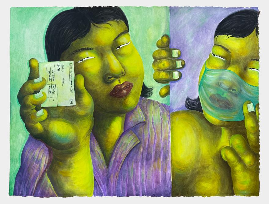 Lily Wong ,   Covered , 2021. Acrylic on paper. 12 x 16 inches.