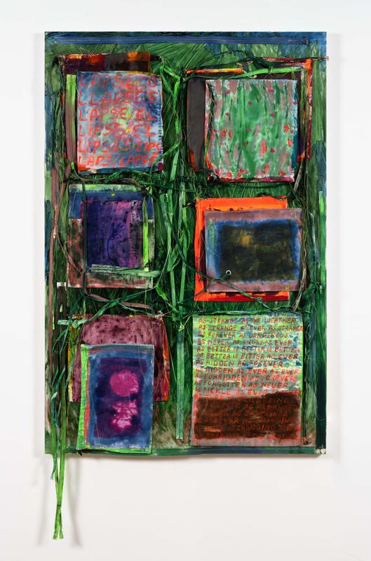 Brianne Garcia,  all consuming , 2022. Acrylic, zipper, muslin, cotton drawstring bags, dye, fabric, and thread on canvas. 72 x 40 x 1 inches.