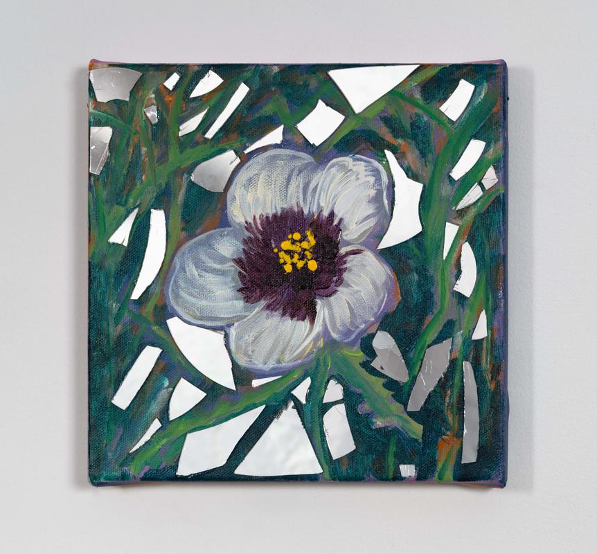 Brianne Garcia,  common weeds: flower-of-an-hour , 2022. Acrylic and mirror on canvas. 8 x 8 x ¾ inches.