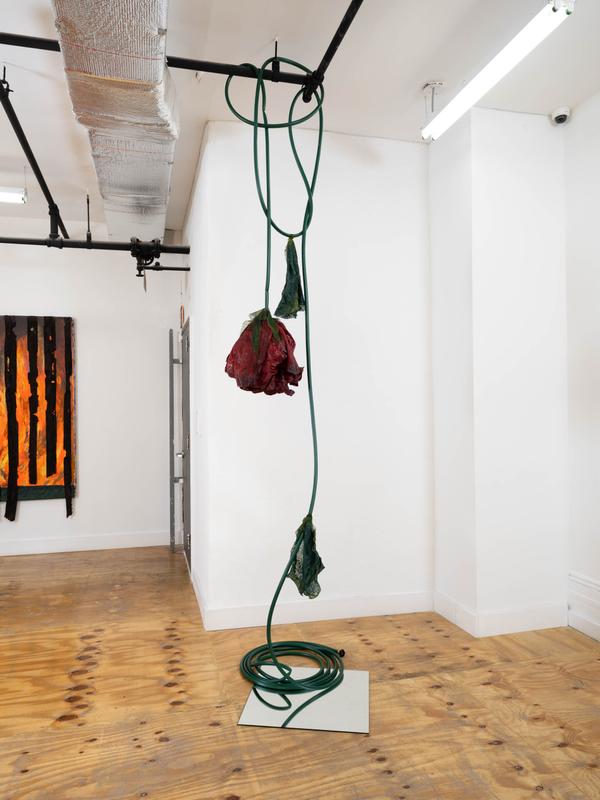 Brianne Garcia,  dying to be remembered , 2022. Fabric, thread, dye, acrylic, garden hose, and glass mirror. Overall height variable; Rose diameter: 18 inches; Rose height 16 inches; Mirror: 24 x 24 inches; Hose: 25 feet (300 inches).